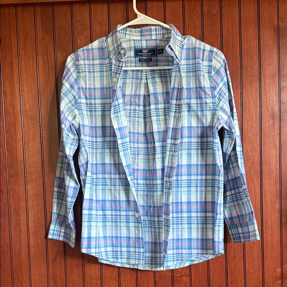Vineyard Vines Light Blue and Pink Plaid Shirt